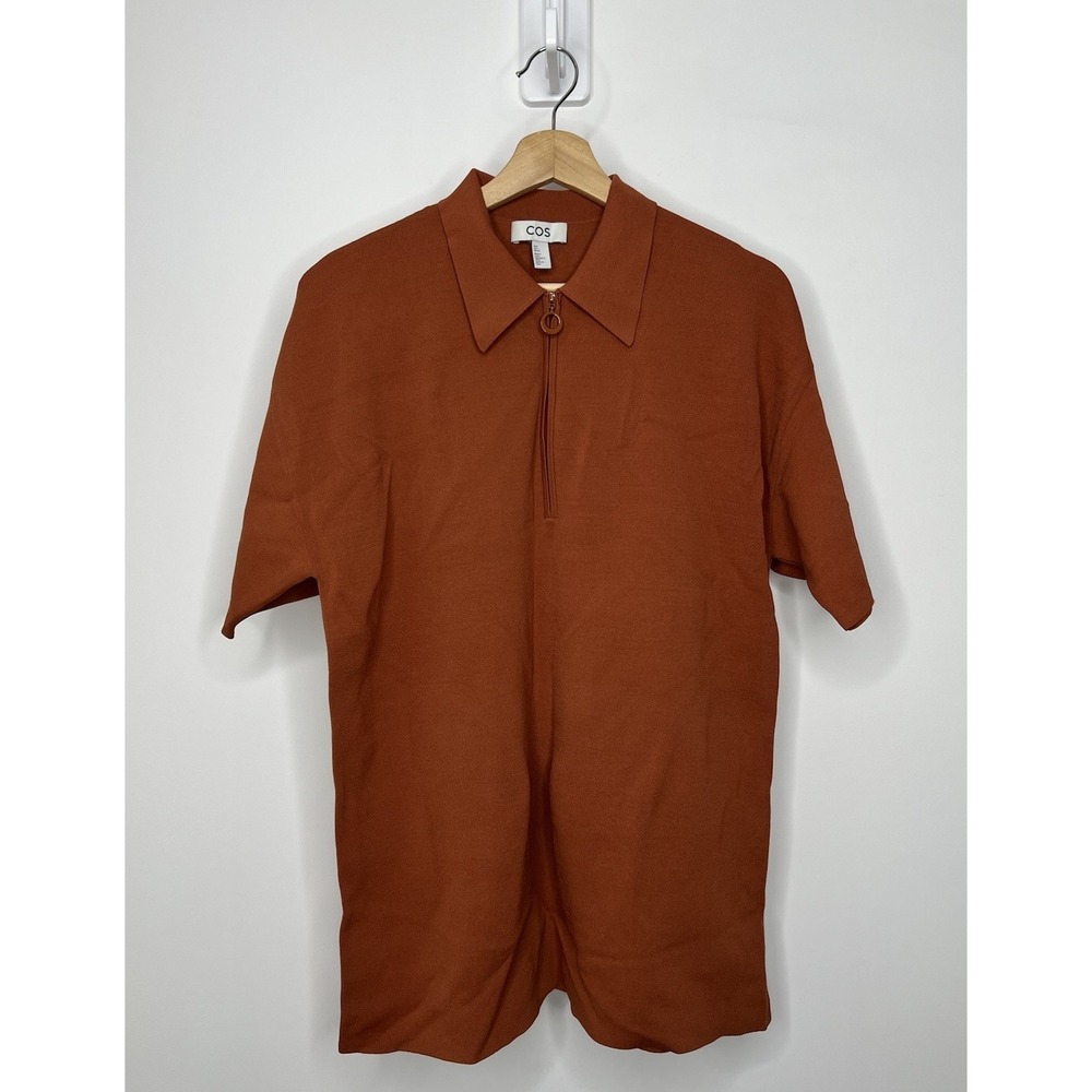 Cos Polo Shirt Mens Small Orange Double-Faced Knitted Viscose Zip Up Designer